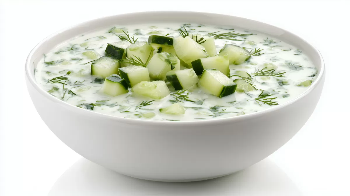 Kalte Gurken Joghurtsuppe food mit Dill serviert