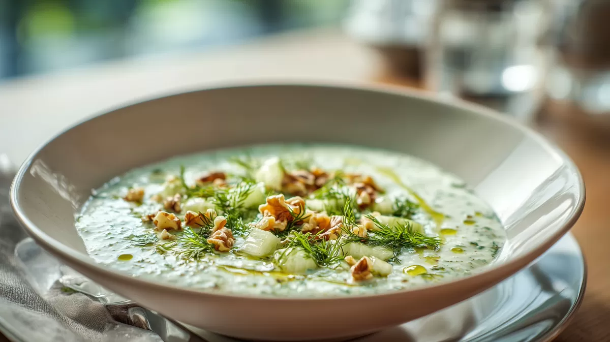 Kalte Gurken Joghurtsuppe food mit Walnüssen