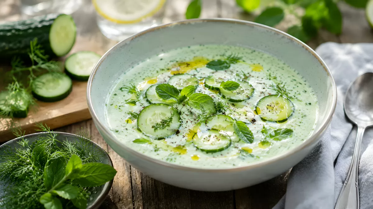 Kalte Gurkensuppe mit Dill und Minze im Schälchen