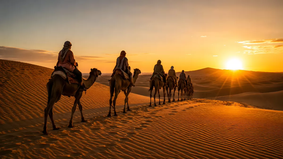 Kamelkarawane in der Wüste bei Sonnenuntergang