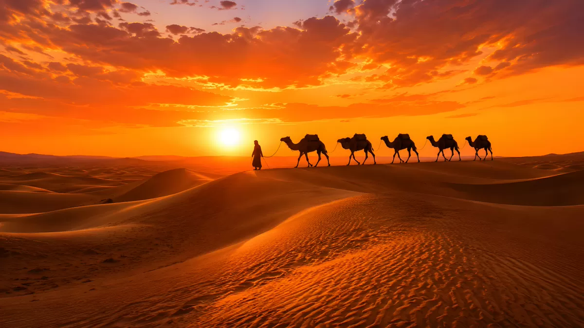Kamelkarawane in der Wüste beim Sonnenuntergang