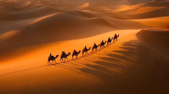 Kamelkarawane in goldenen Wüstenlandschaft