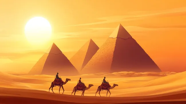 Kamelreiter vor ägyptischen Pyramiden bei Sonnenuntergang