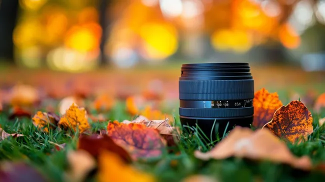 Kameraobjektiv in Herbstlaub auf Gras