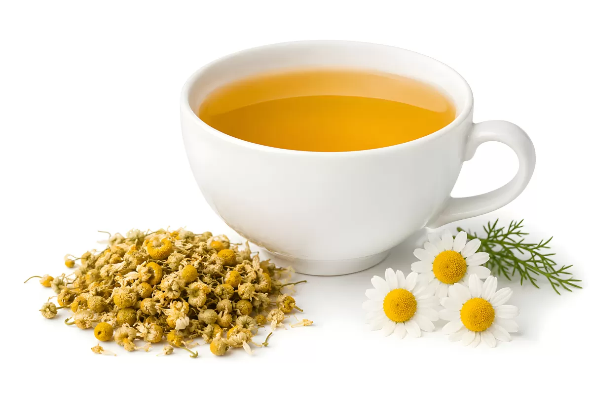 Kamillentee in weißer Tasse mit Blüten und Kräutern