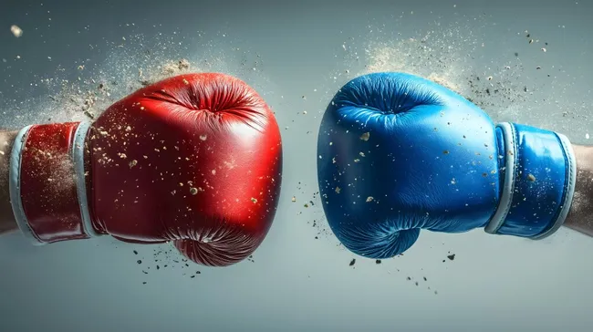 Kampfbereit: Rote und blaue Boxhandschuhe im Clinch