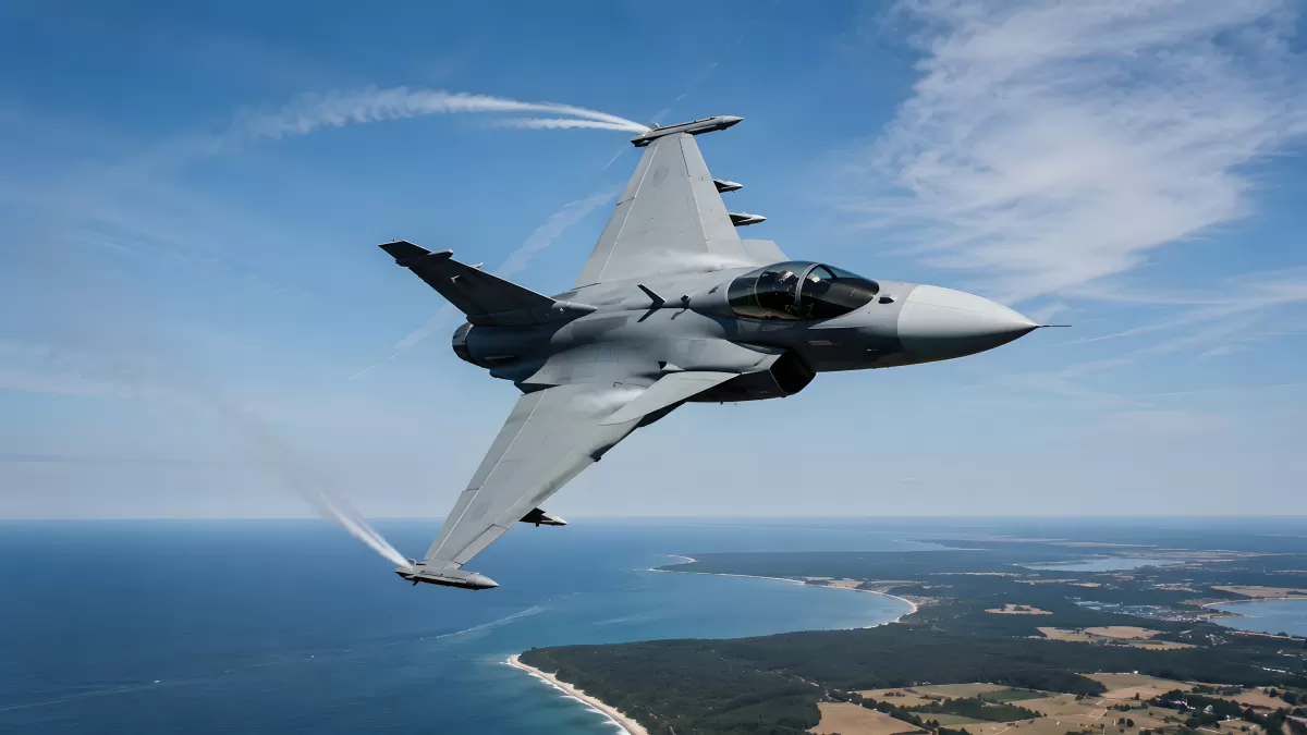 Kampfjet im Sturzflug über Küstenlandschaft