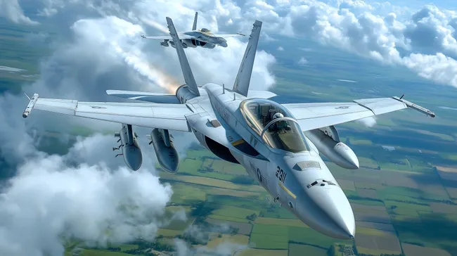 Kampfjet in Aktion über bewölkter Landschaft