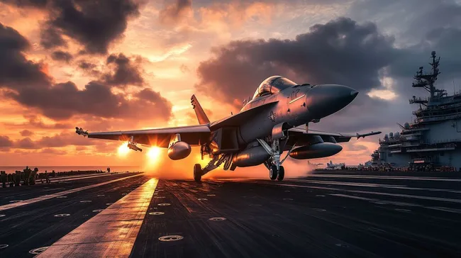 Kampfjet landet bei Sonnenuntergang auf Flugzeugträger