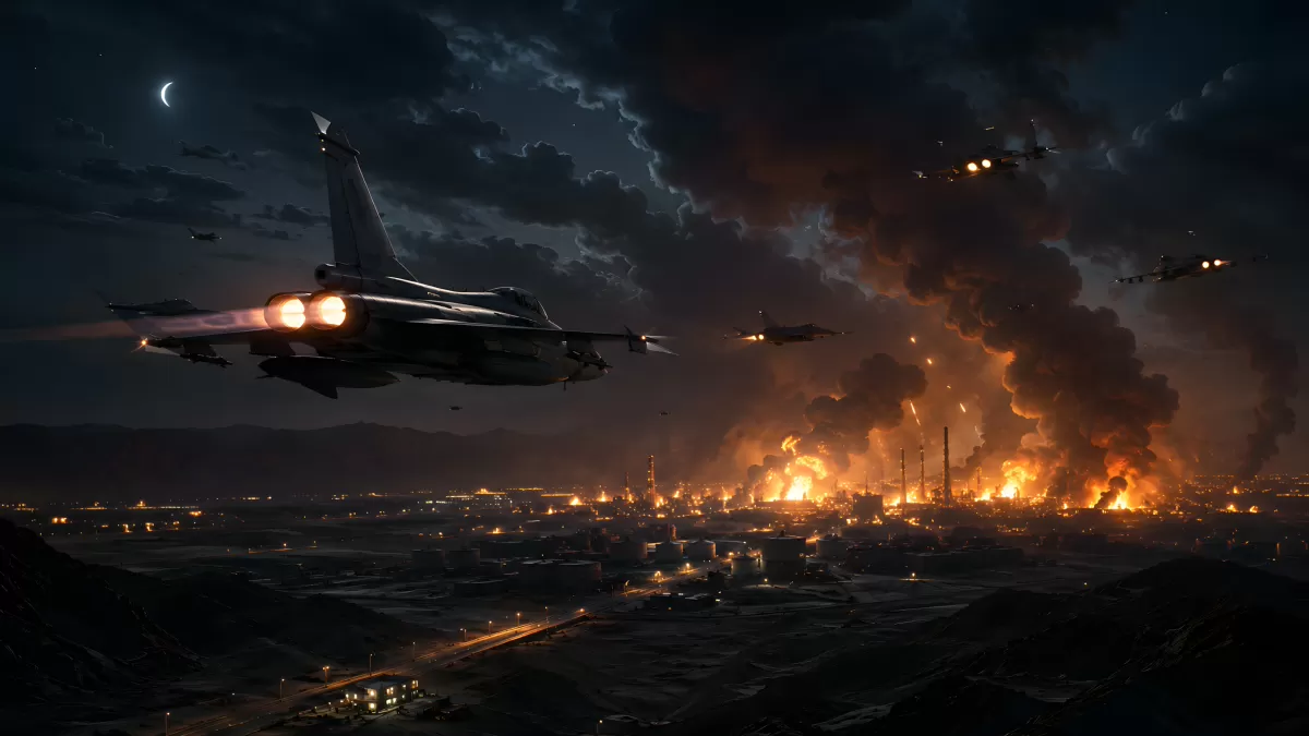 Kampfjets bei Nachtangriff über brennender Stadt