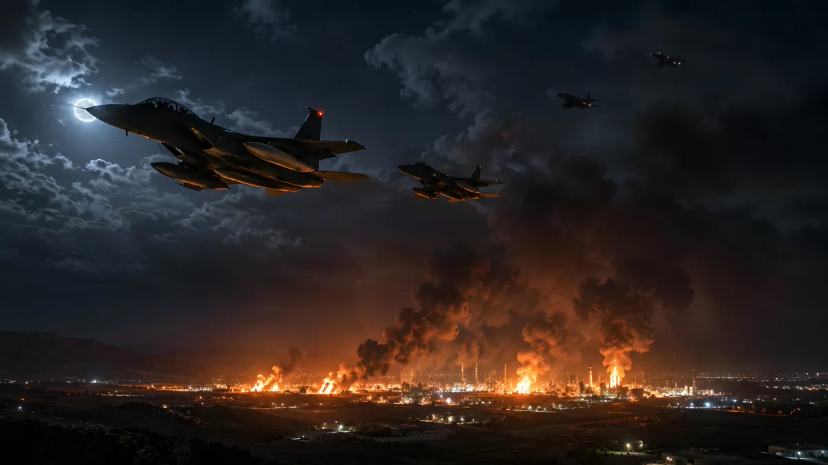 Kampfjets fliegen über brennende Stadt bei Nacht