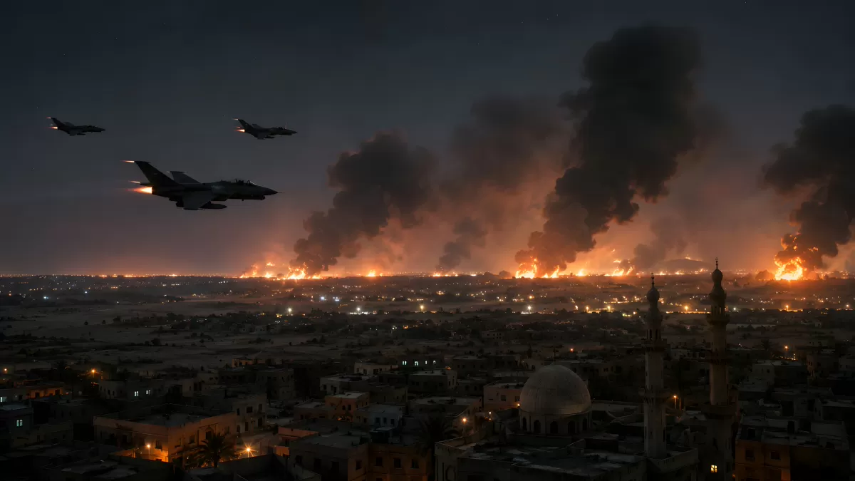 Kampfjets über brennender Stadt bei Nacht