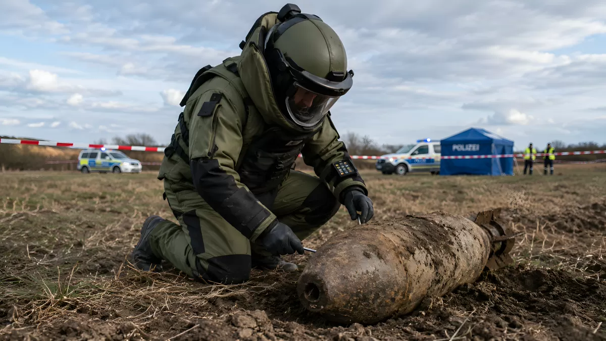 Kampfmittelräumer untersucht Weltkriegsbombe auf Feld