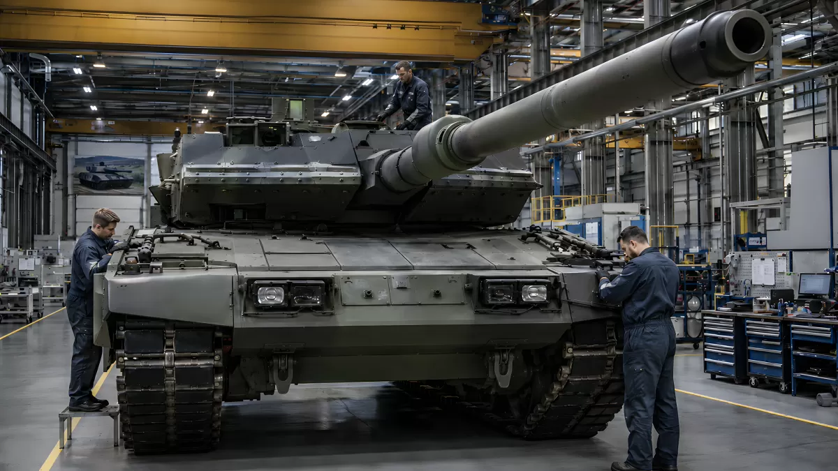 Kampfpanzer in moderner Rüstungsfabrik bei Wartung