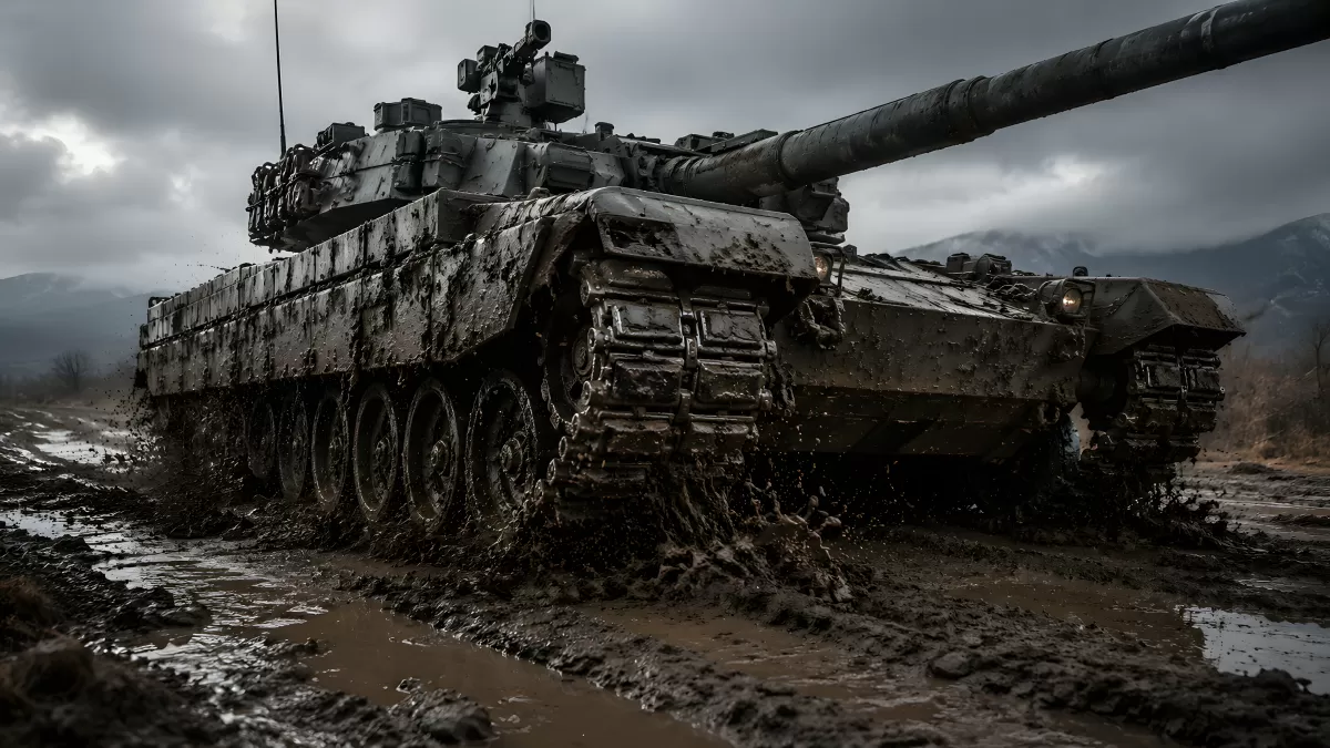 Kampfpanzer wühlt sich durch tiefen Schlamm im Gelände