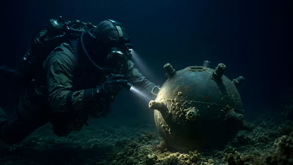 Kampfschwimmer untersucht Seemine auf Meeresgrund