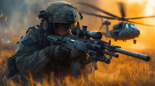 Kampfszene mit Scharfschütze und Hubschrauber