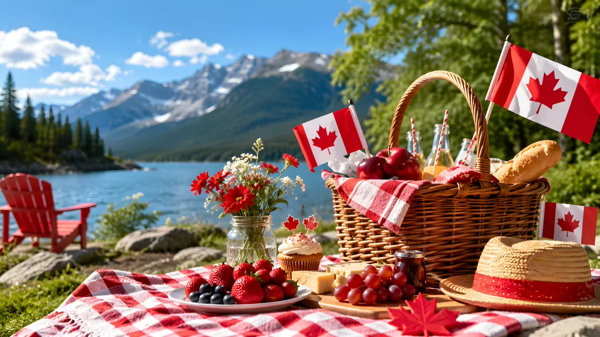 Kanada-Tag Picknick am Bergsee mit Ahornblatt-Flaggen