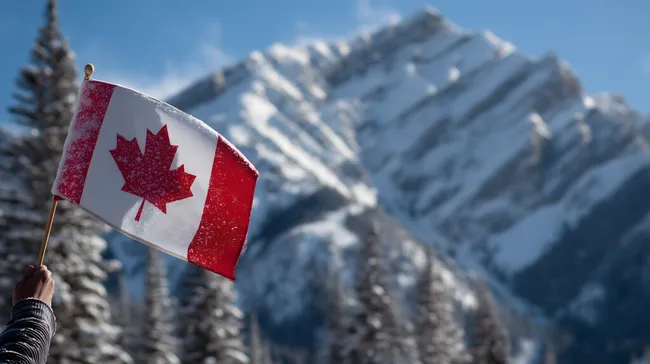 Kanadische Flagge vor verschneiten Bergkulisse