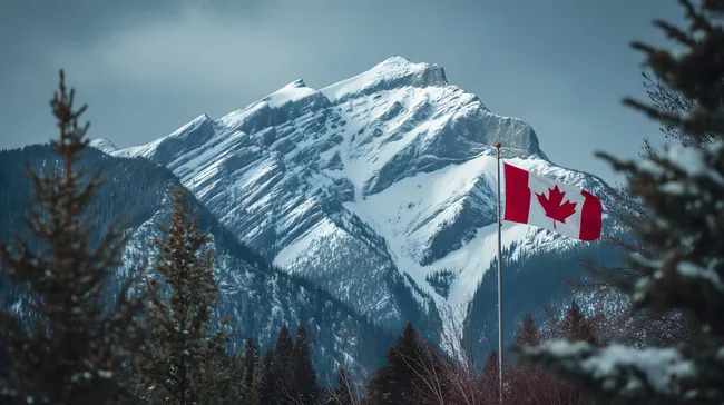 Kanadische Flagge vor verschneiter Berglandschaft