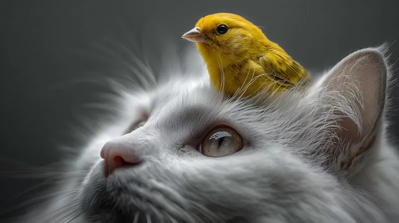 Kanarienvogel sitzt auf orangefarbener Katze