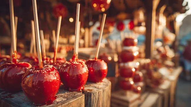 Kandierte Äpfel an Holzständen auf dem Weihnachtsmarkt