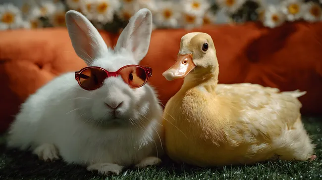 Kaninchen mit Sonnenbrille und Ente auf blumiger Wiese