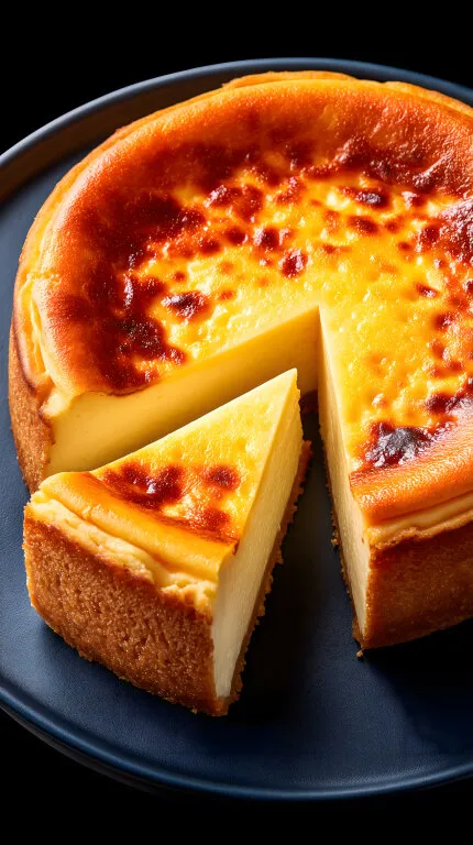 Karamelisierte Basque-Käsekuchen-Scheibe auf dunklem Teller