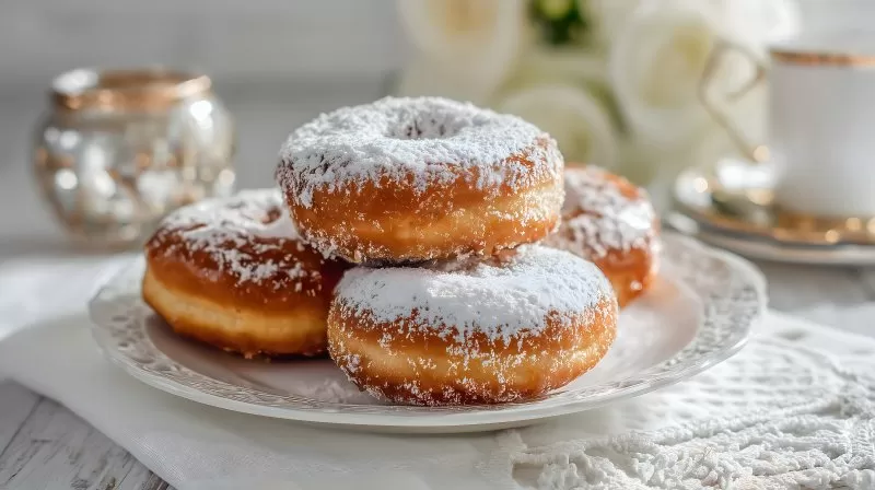 Karamell Donuts und Puderzuckergebäck auf weißem Hintergrund