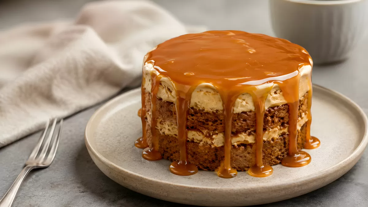 Karamell-Schichttorte mit cremiger Füllung auf Teller