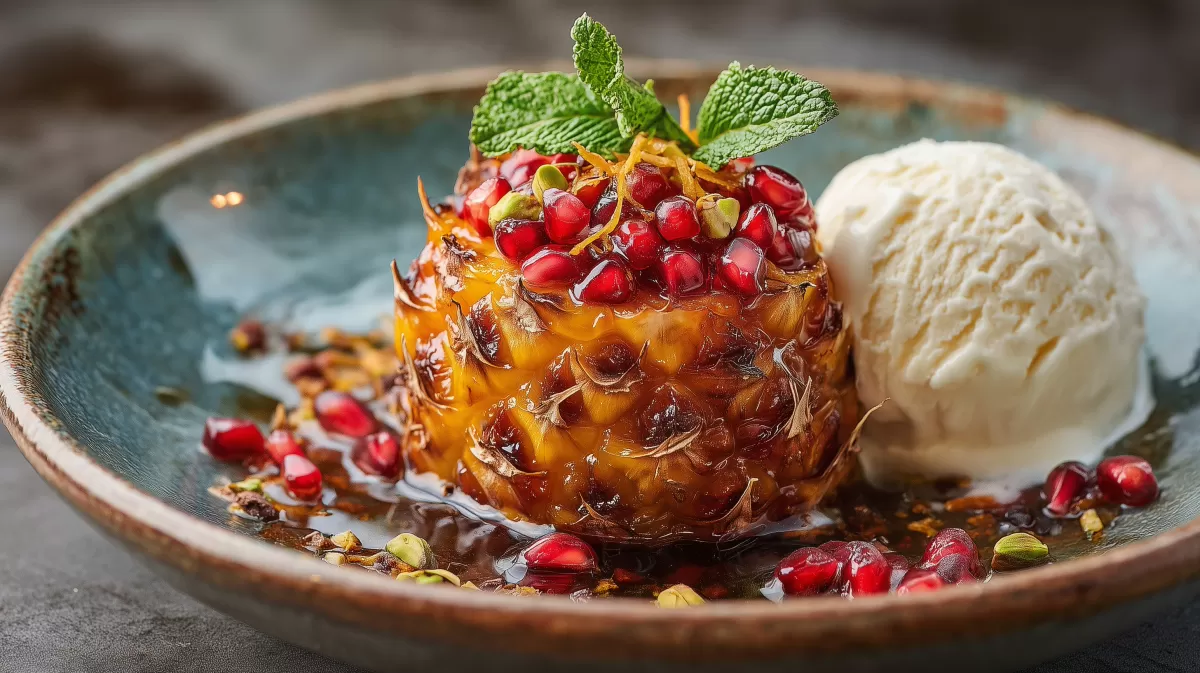 Karamellisierte Ananas mit Vanilleeis & Granatapfel