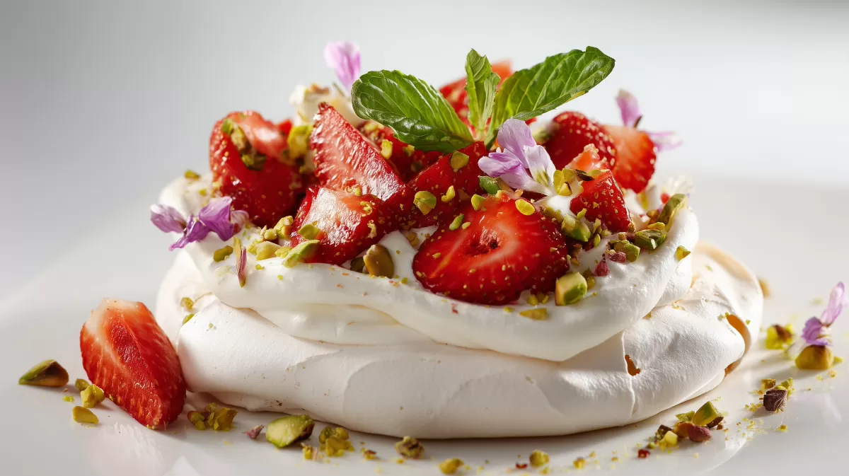 Kardamom Pavlova mit Erdbeeren und Pistazien