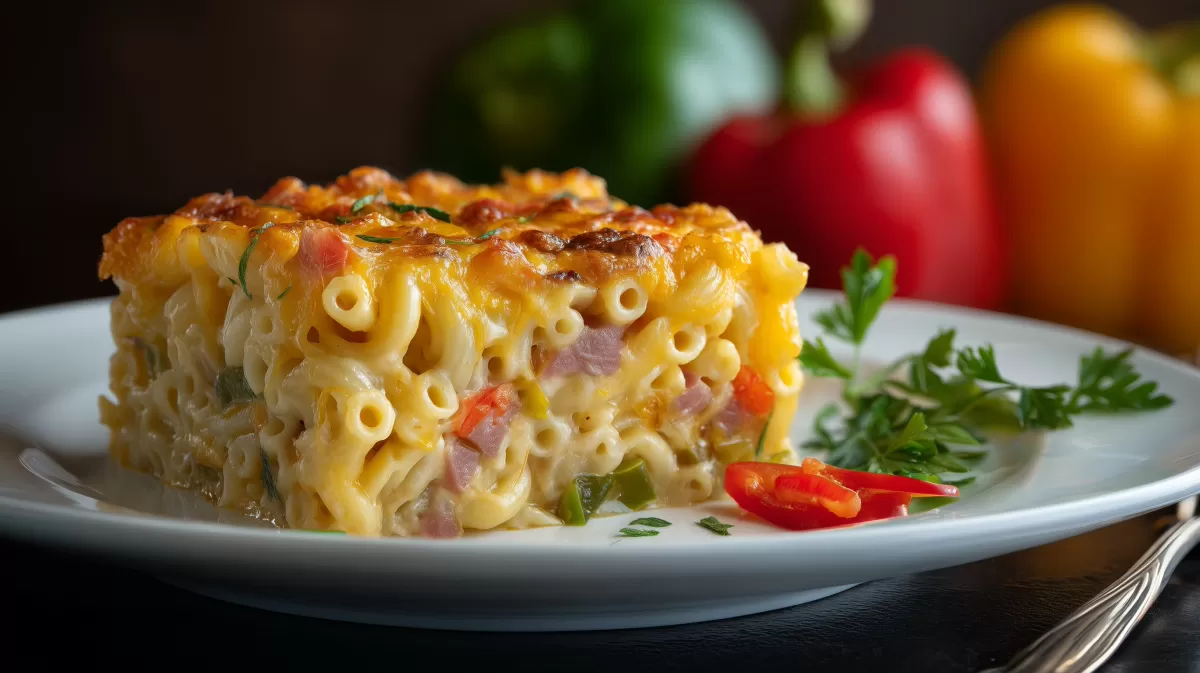 Karibischer Macaroni Pie mit bunten Paprika