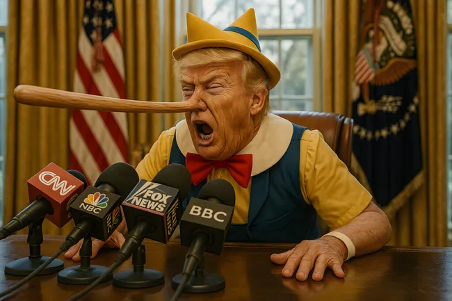 Karikativer Trump als Pinochio bei Pressekonferenz