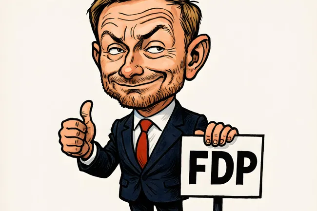 Karikatur des FDP-Politikers mit Daumen hoch und Parteilogo