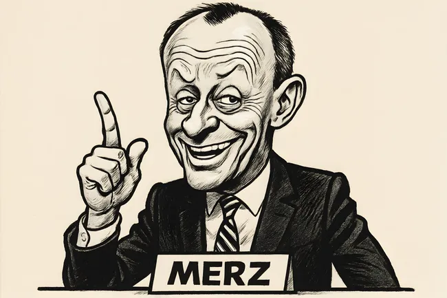 Karikatur des Politikers Friedrich Merz mit Fingerzeig