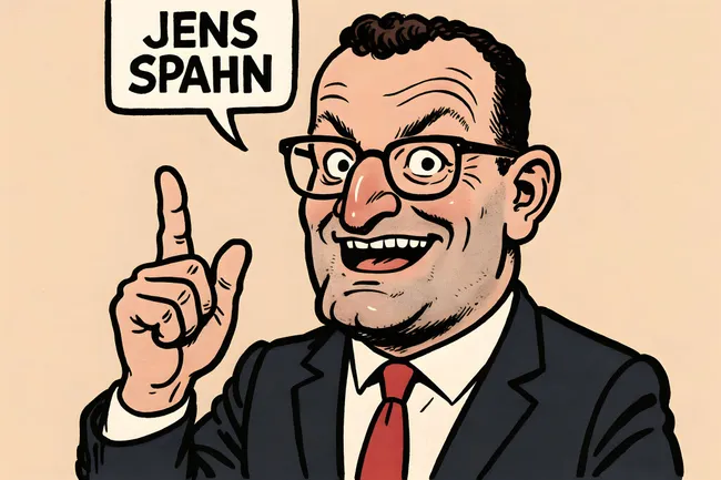 Karikatur des Politikers Jens Spahn mit Fingerzeig