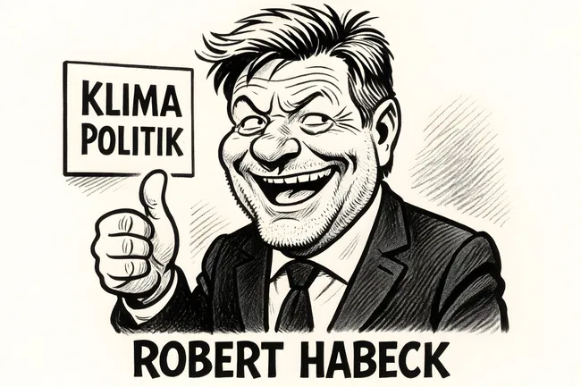 Karikatur des Politikers Robert Habeck mit 'Klimapolitik'-Schild