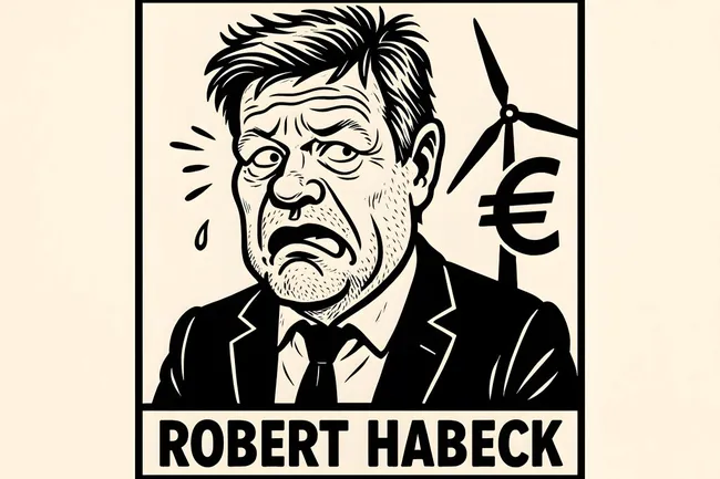 Karikatur des Politikers Robert Habeck mit Windrad und Euro-Symbol