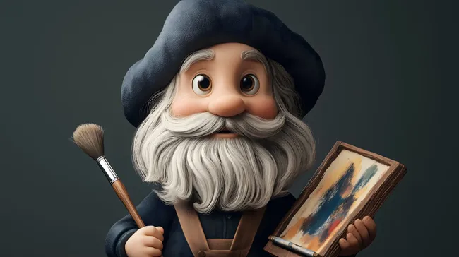 Karikatur eines alten Malers mit Pinsel und Palette