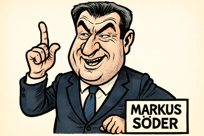 Karikatur eines lachenden Politikers mit Fingerzeig