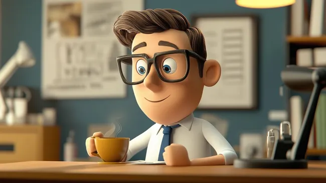 Karikatur eines lächelnden Büroarbeiters beim Kaffeetrinken