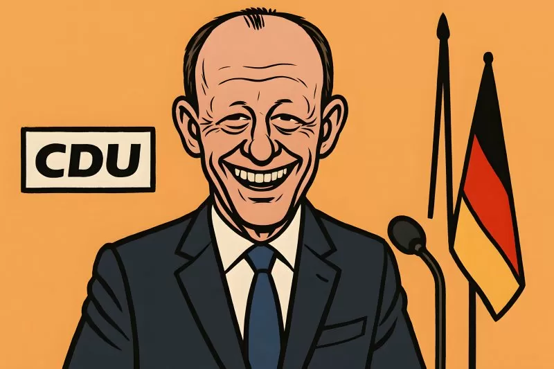 Karikatur von Friedrich Merz mit breitem Grinsen in CDU Farben