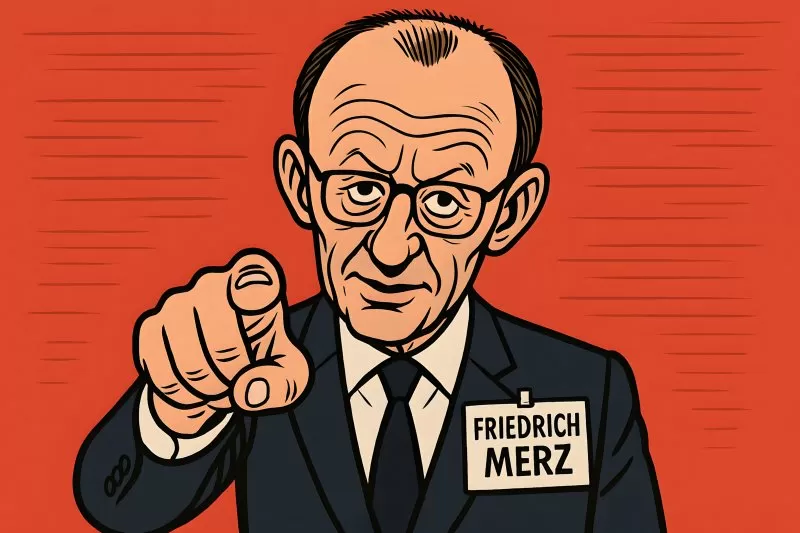 Karikatur von Friedrich Merz mit Fingerzeig und CDU Namensschild