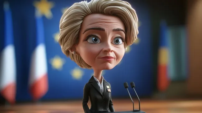 Karikatur von Ursula von der Leyen vor EU-Flagge