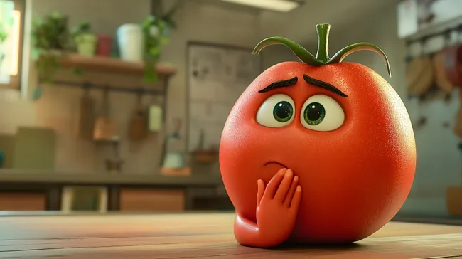 Karikaturartige Tomate mit nachdenklichem Gesichtsausdruck