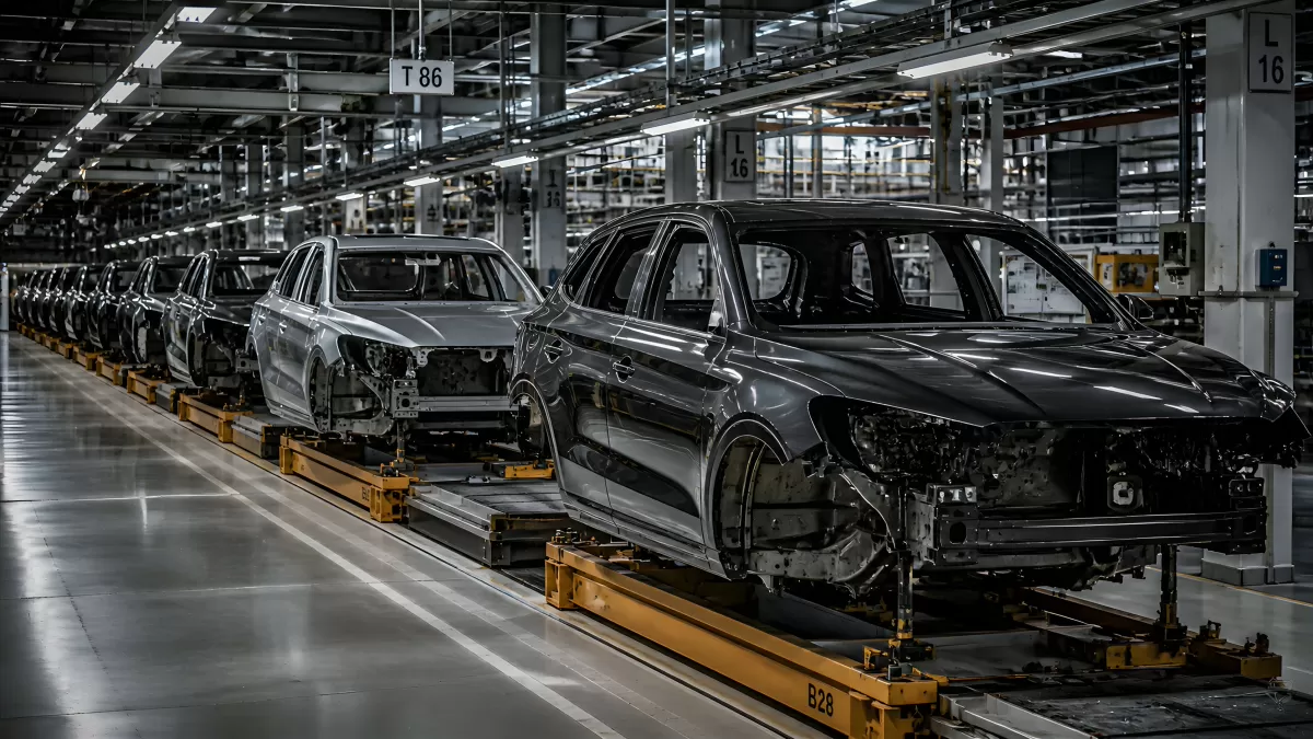 Karosserien auf dem Fließband einer modernen Autofabrik