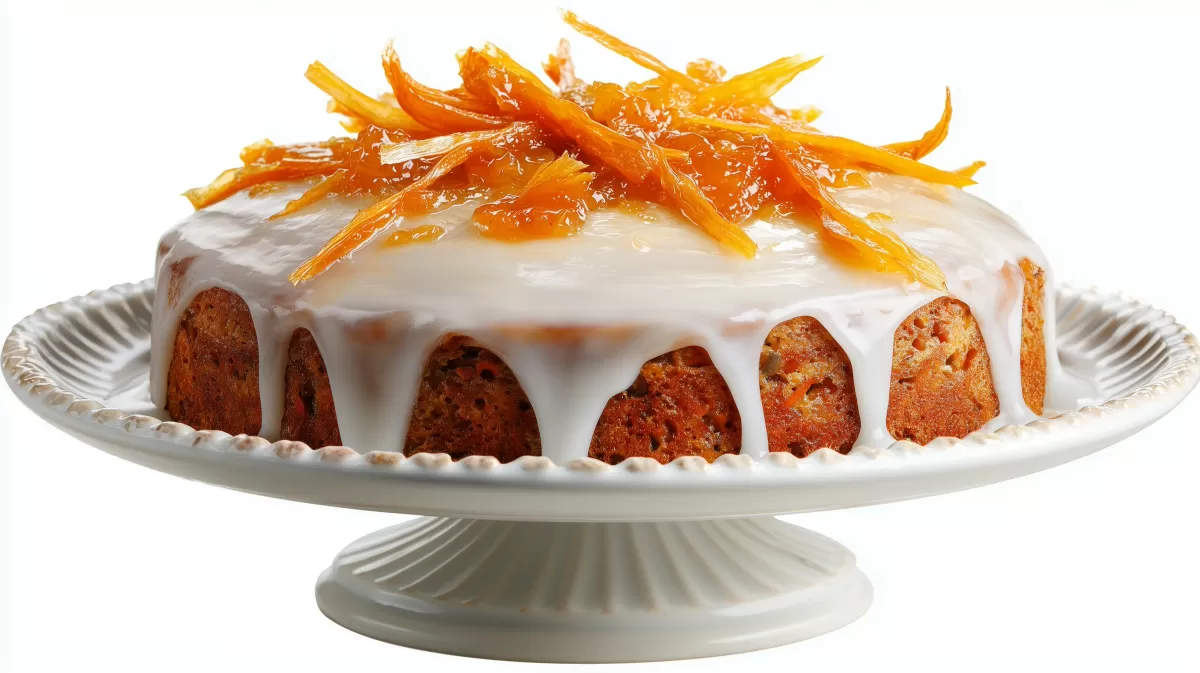 Karottenkuchen mit Marmeladen Frosting auf Tortenständer