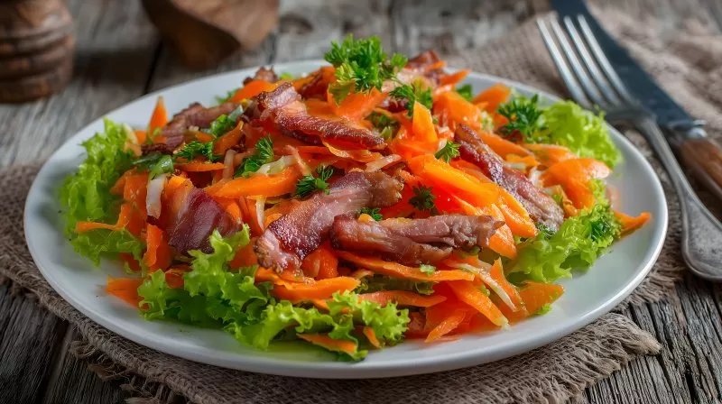 Karottensalat mit Räucherfleisch auf weißem Teller