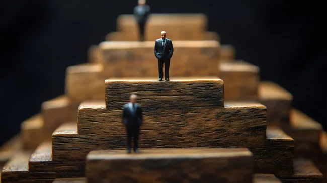 Karrieretreppe zum Erfolg - Miniaturfigur in Holzpyramide